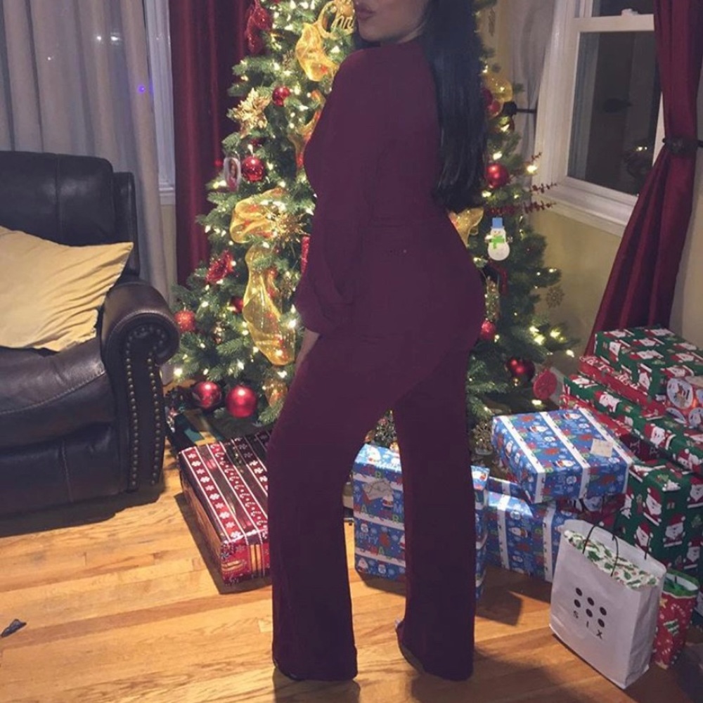 Burgundy V Neck Wide Leg Jumpsuit